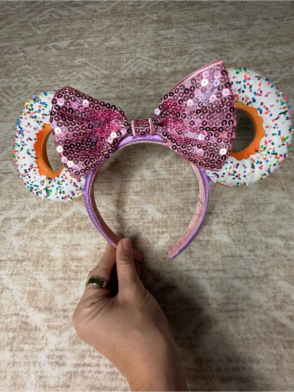 Authentic Disney Parks Pink Sequin Bow Donut Ear Headband